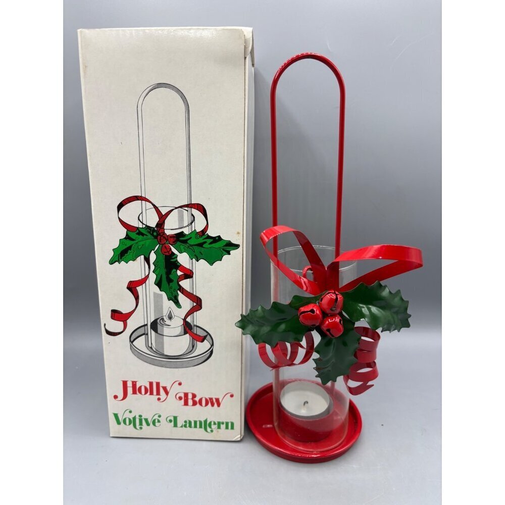 Vtg Holly‎ Bow Votive Candler Lantern Red Ribbon Christmas Metal Glass